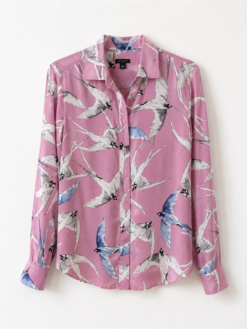 Ann Taylor 100% Silk Bird Print Button Front Blouse Pink Long Sleeve , size S - Picture 1 of 8